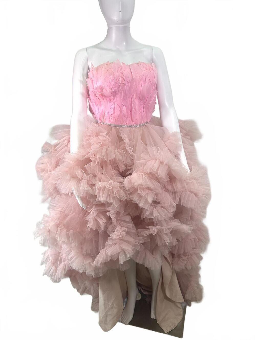 New Sz 6 Kemedress Pink Feather Bodice Ruffled Tulle Hi Lo Prom Fairycore